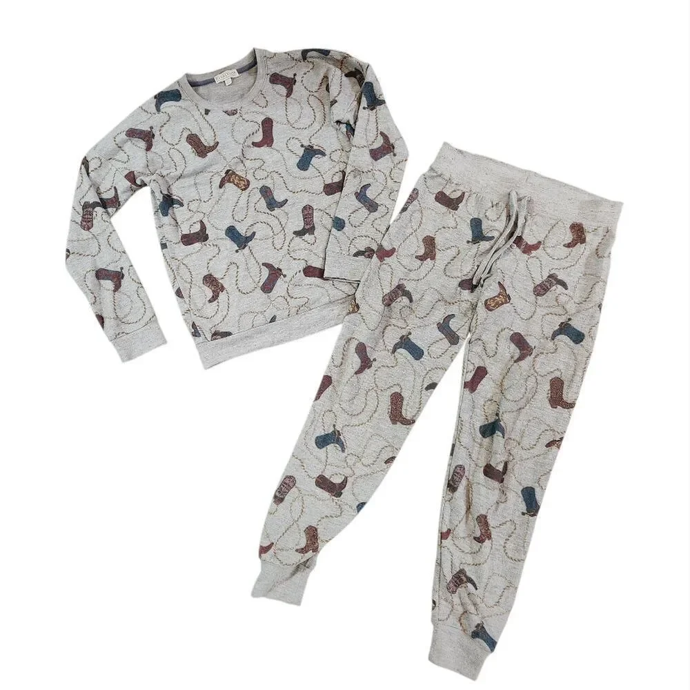PJ Salvage Pajama Set XS Gray Cowboy Boots Shirt Lounge Pants Rope Chain - Picture 1 of 8